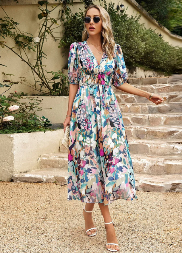 LORENA | VESTIDO MIDI FLORAL ELEGANTE