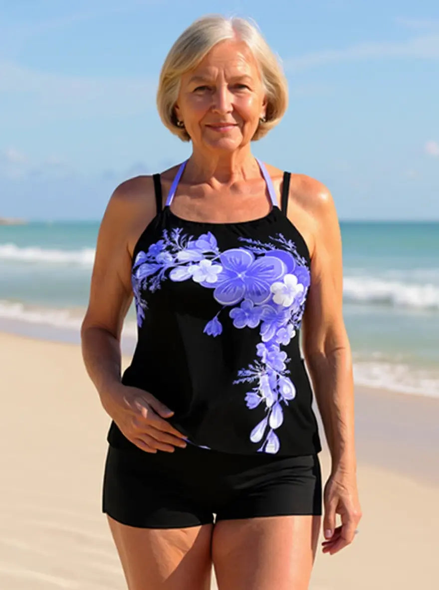 Avery | Conjunto de Tankini con Tirantes Cruzados y Estampado Floral