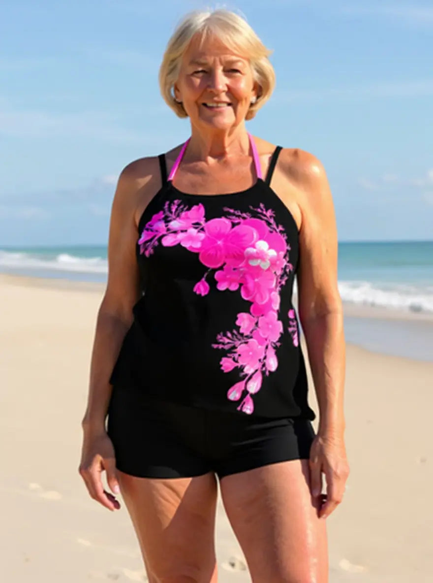 Avery | Conjunto de Tankini con Tirantes Cruzados y Estampado Floral