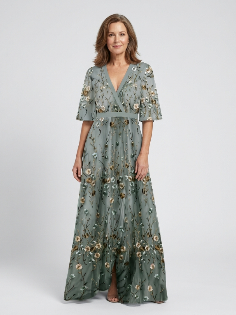LUCÍA | VESTIDO MAXI FLORAL CON ESCOTE EN V Y MANGA CORTA