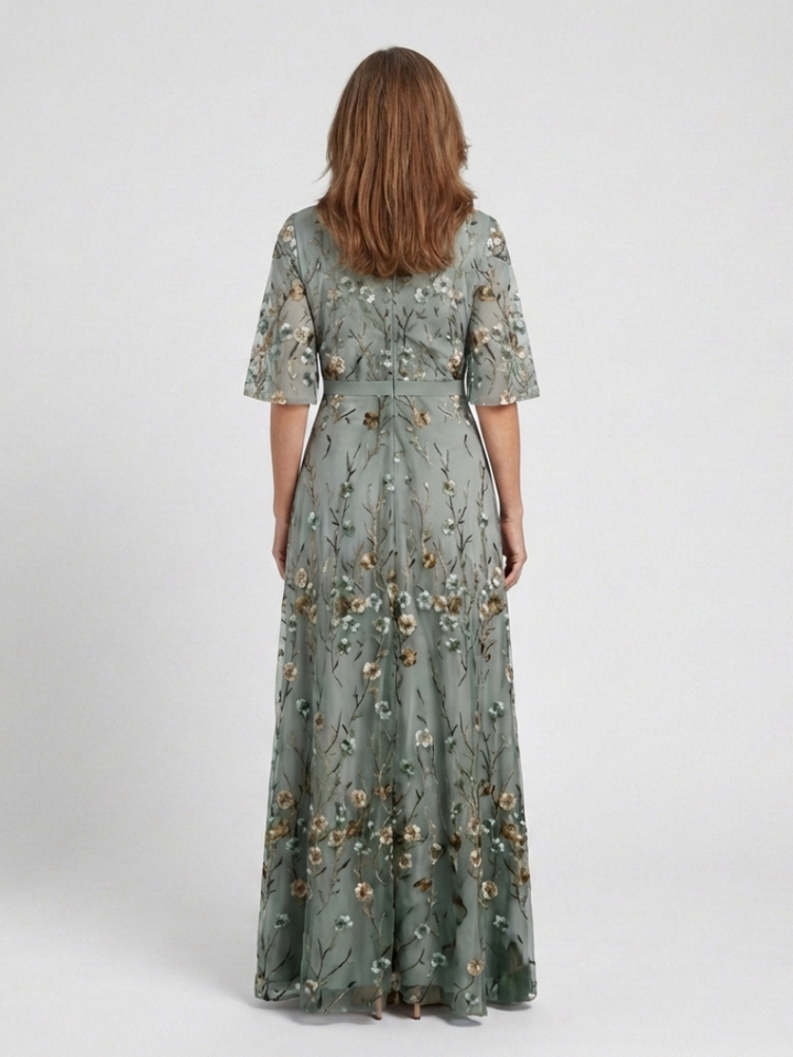 LUCÍA | VESTIDO MAXI FLORAL CON ESCOTE EN V Y MANGA CORTA