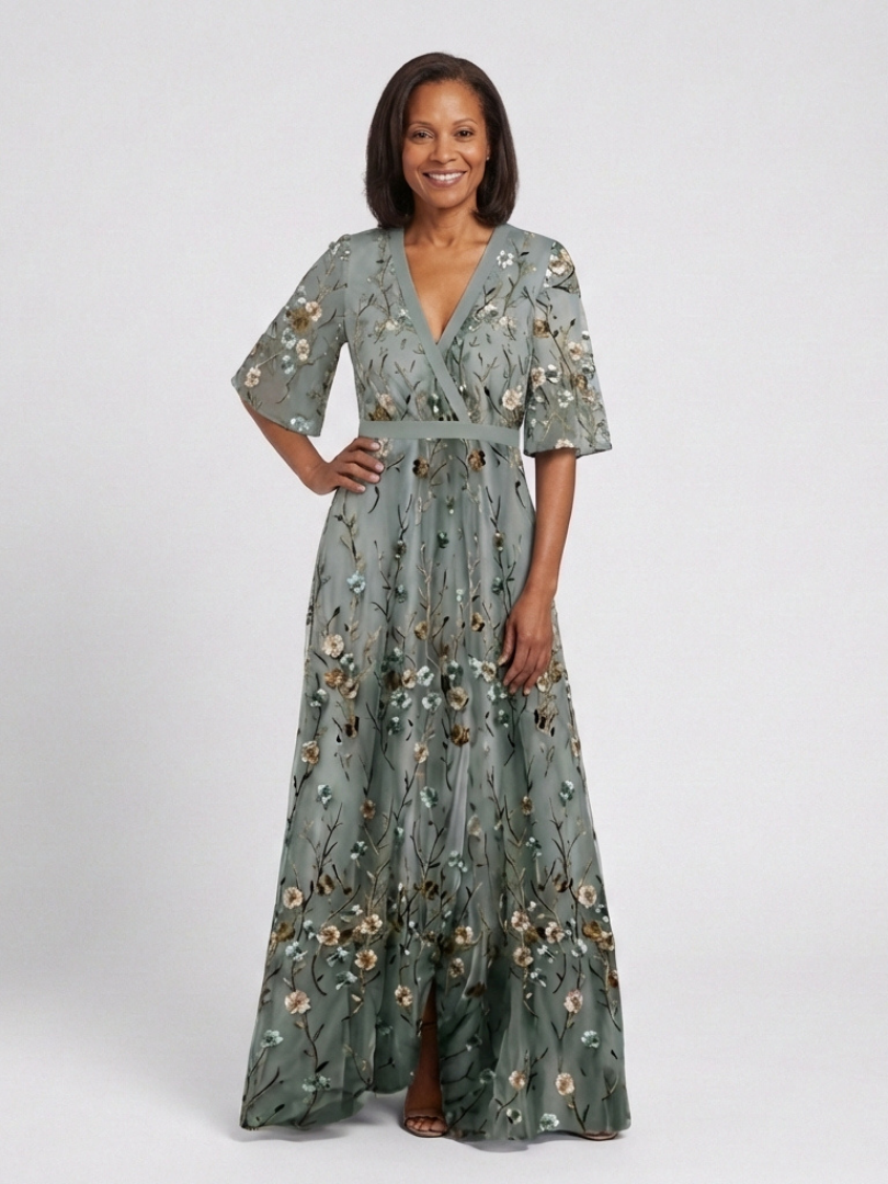 LUCÍA | VESTIDO MAXI FLORAL CON ESCOTE EN V Y MANGA CORTA